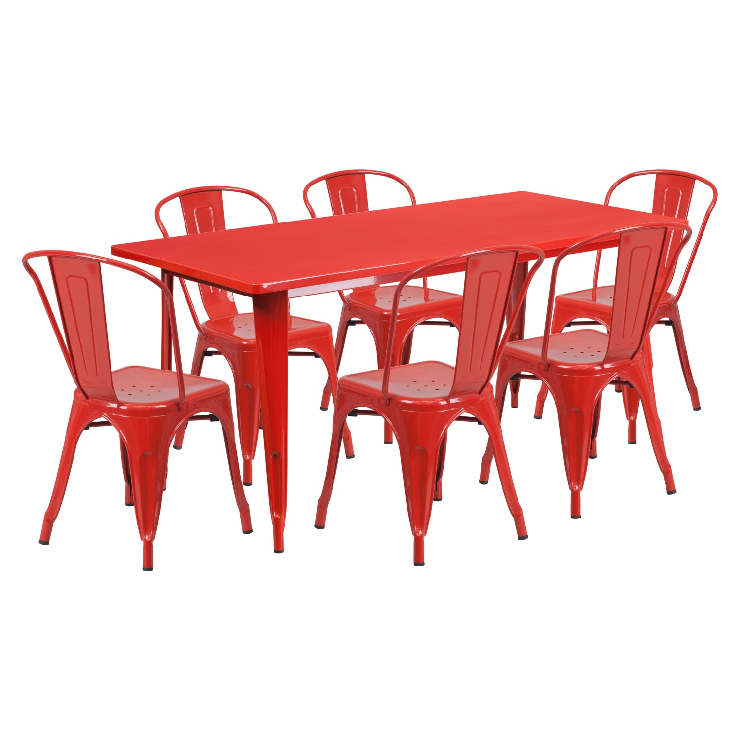 31.5” x 63” Rectangular Red Metal Indoor-Outdoor Table Set with 6 Stack Chairs