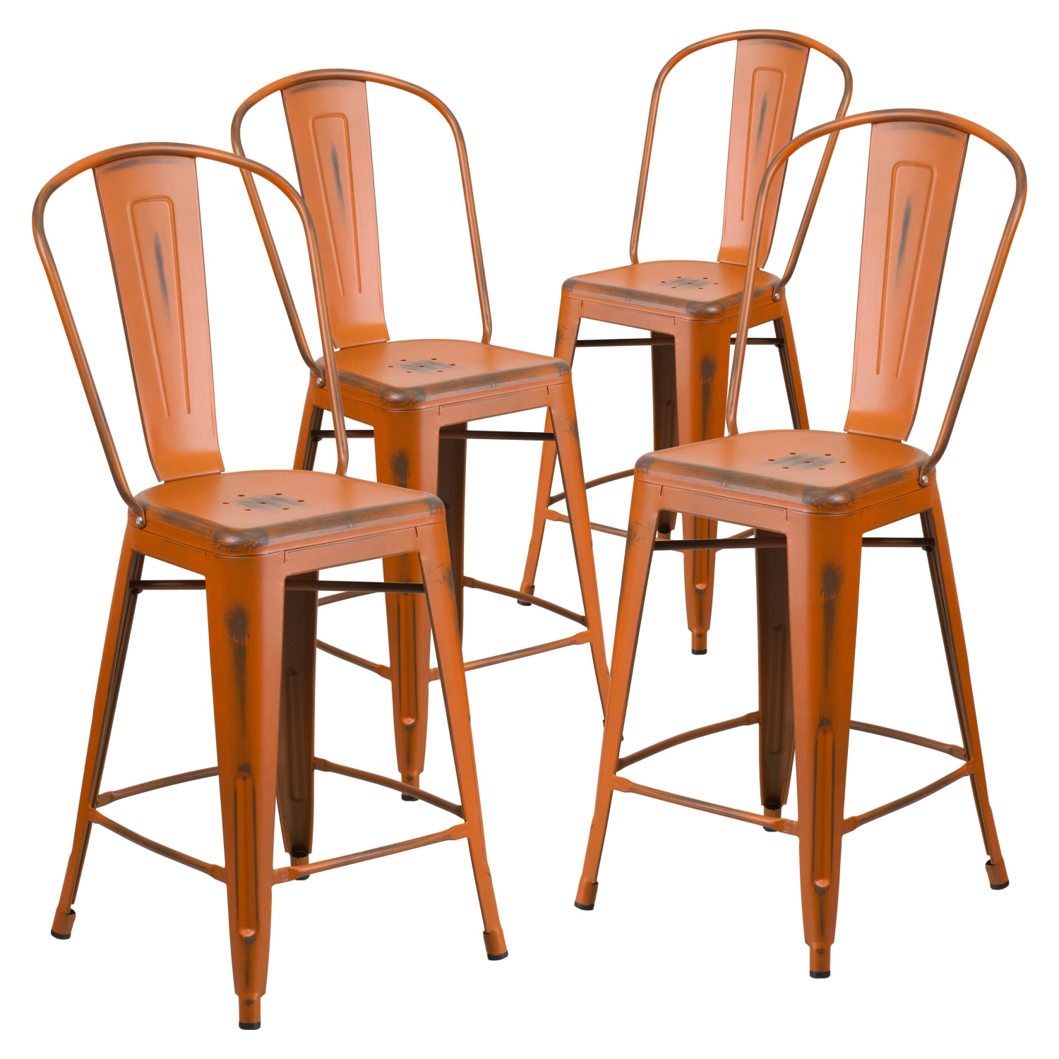 4 Pack 24” High Distressed Orange Metal Indoor-Outdoor Counter Height Stool with Back