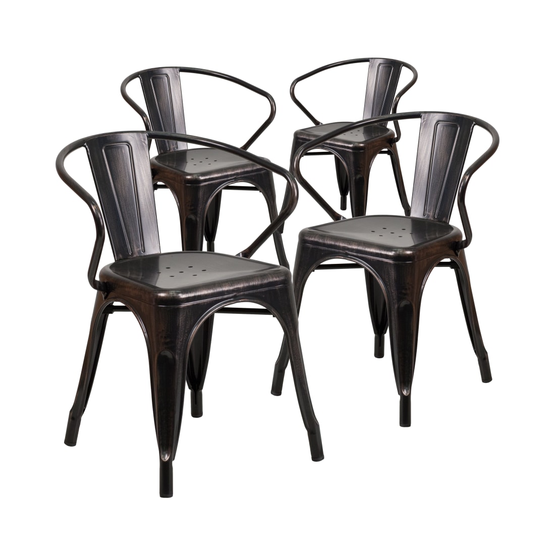 4 Pack Black-Antique Gold Metal Indoor-Outdoor Chair with Arms