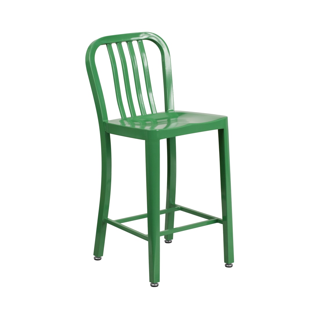 24” High Green Metal Indoor-Outdoor Counter Height Stool with Vertical Slat Back