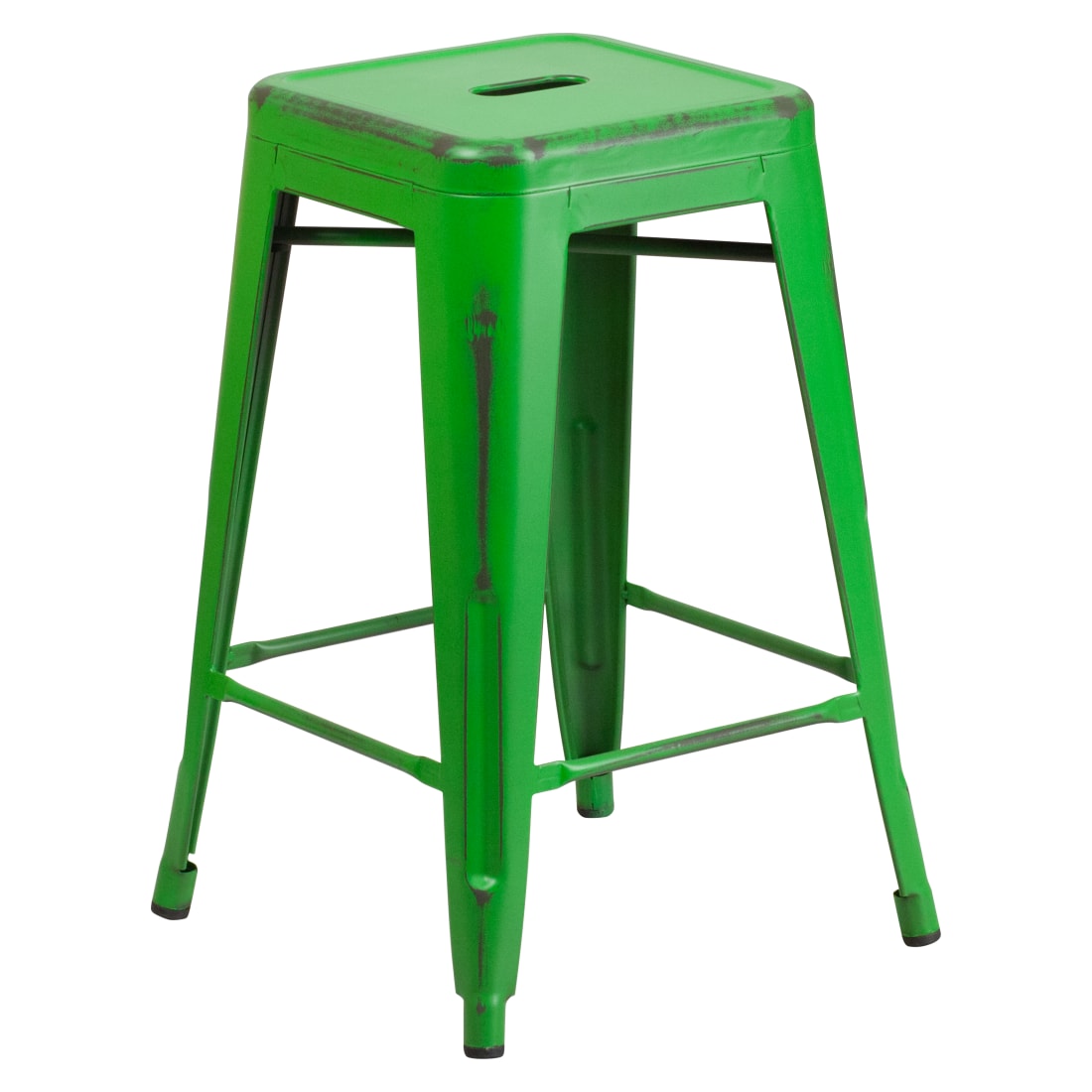 24” High Backless Distressed Green Metal Indoor-Outdoor Counter Height Stool