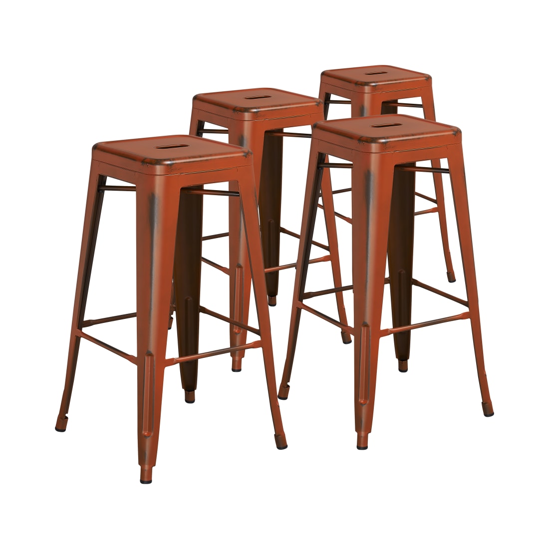 4 Pack 30” High Backless Distressed Orange Metal Indoor-Outdoor Barstool