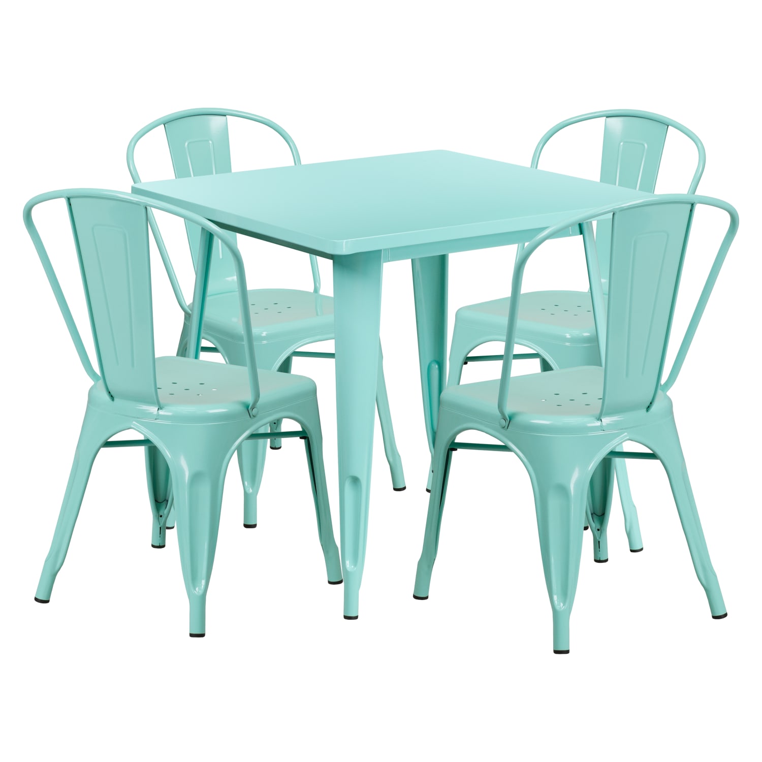 31.5” Square Mint Green Metal Indoor-Outdoor Table Set with 4 Stack Chairs