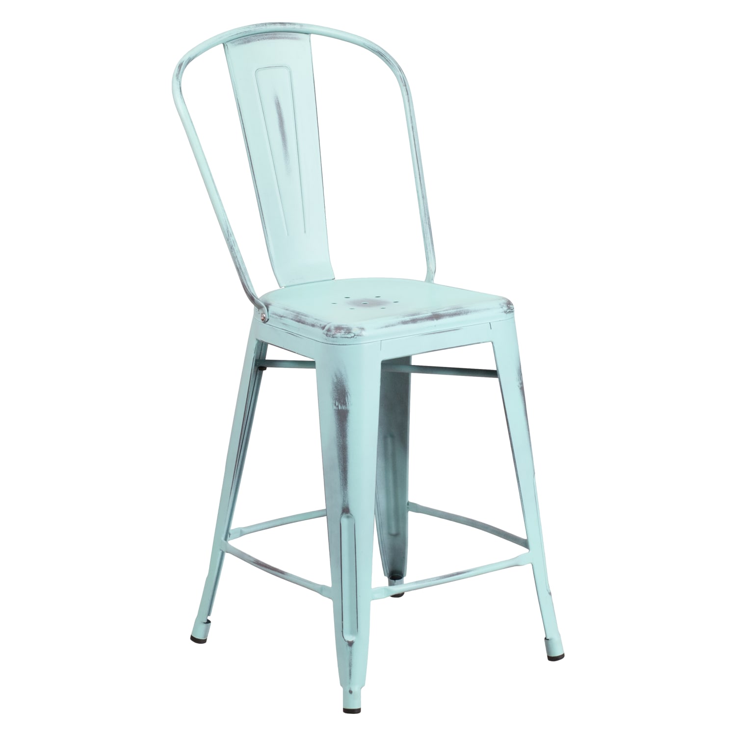 24” High Distressed Green-Blue Metal Indoor-Outdoor Counter Height Stool with Back