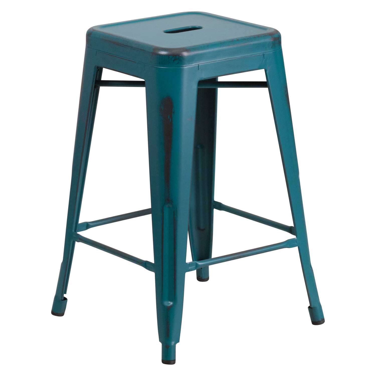 24” High Backless Distressed Kelly Blue-Teal Metal Indoor-Outdoor Counter Height Stool