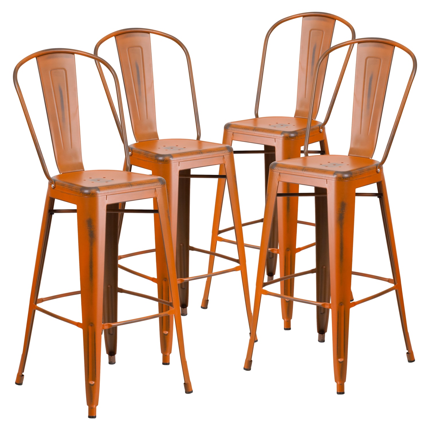 4 Pack 30” High Distressed Orange Metal Indoor-Outdoor Barstool with Back