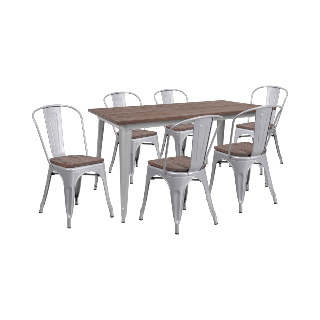 30.25” x 60” Silver Metal Table Set with Wood Top and 6 Stack Chairs