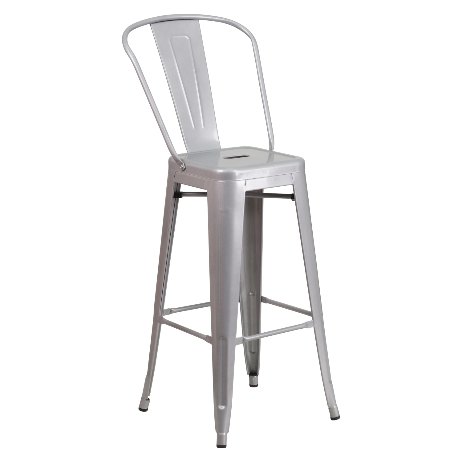 30” High Silver Metal Indoor-Outdoor Barstool with Removable Back