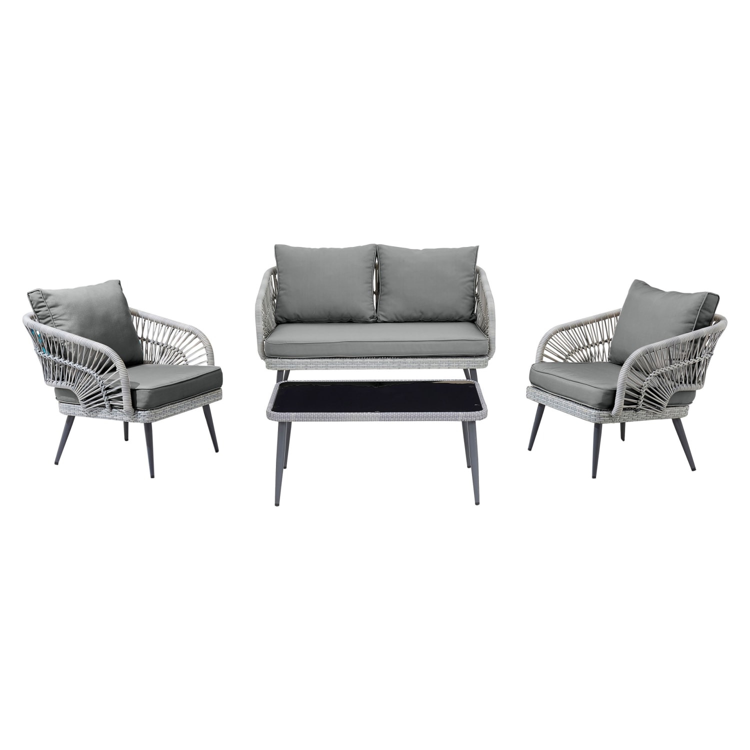 Riviera Rope Wicker 4-Piece 4 Seater Patio Conversation Set with Cushions in Gray