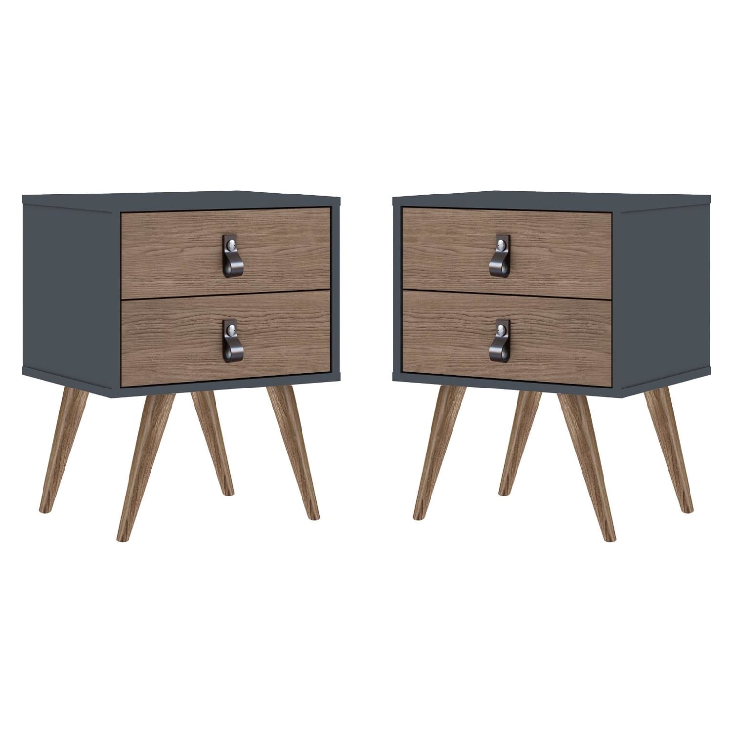 Amber Nightstand with Faux Leather Button Handles in Blue and Nature (Set of 2)