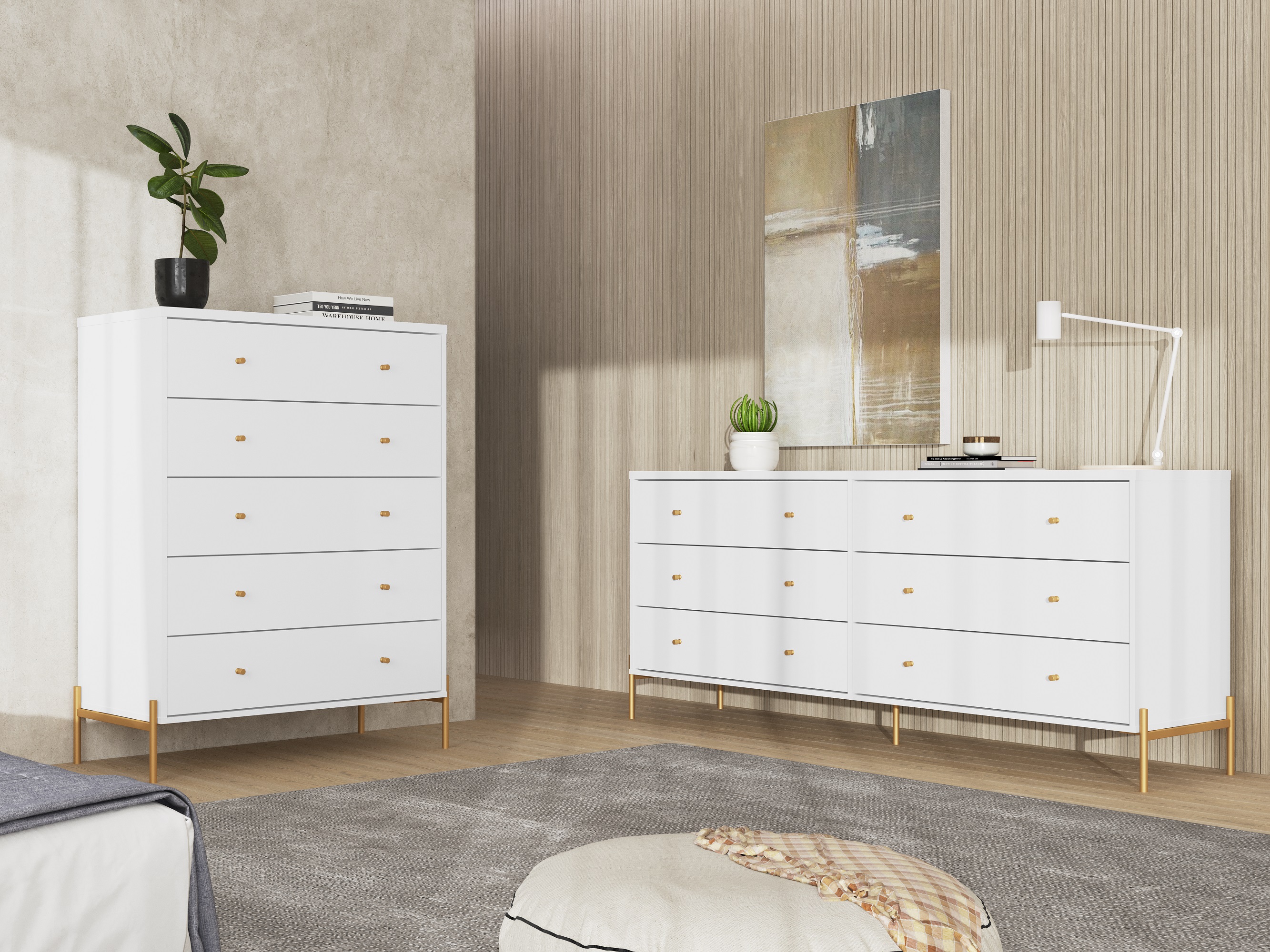 Jasper Full Extension Tall Dresser and Double Wide Dresser Set of 2 in White Gloss