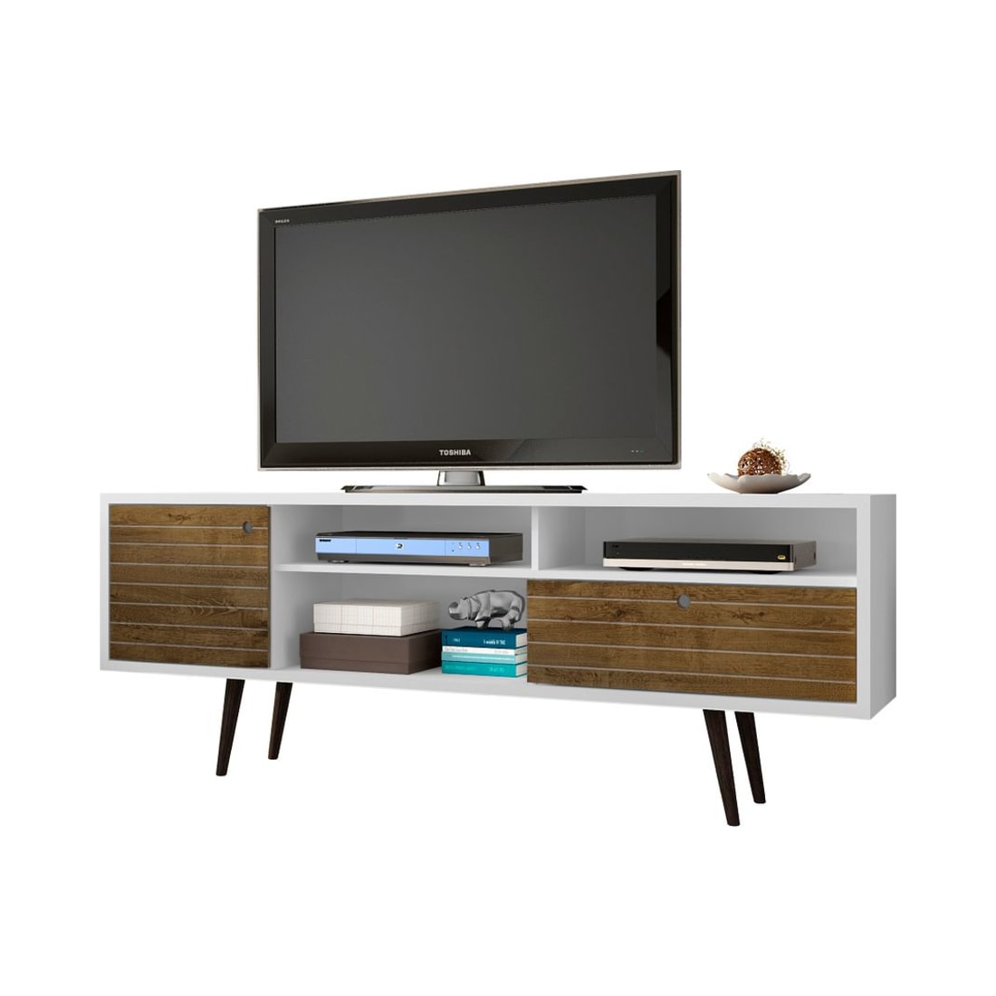 Liberty 70.86” Mid-Century Modern TV Stand in White and Rustic Brown