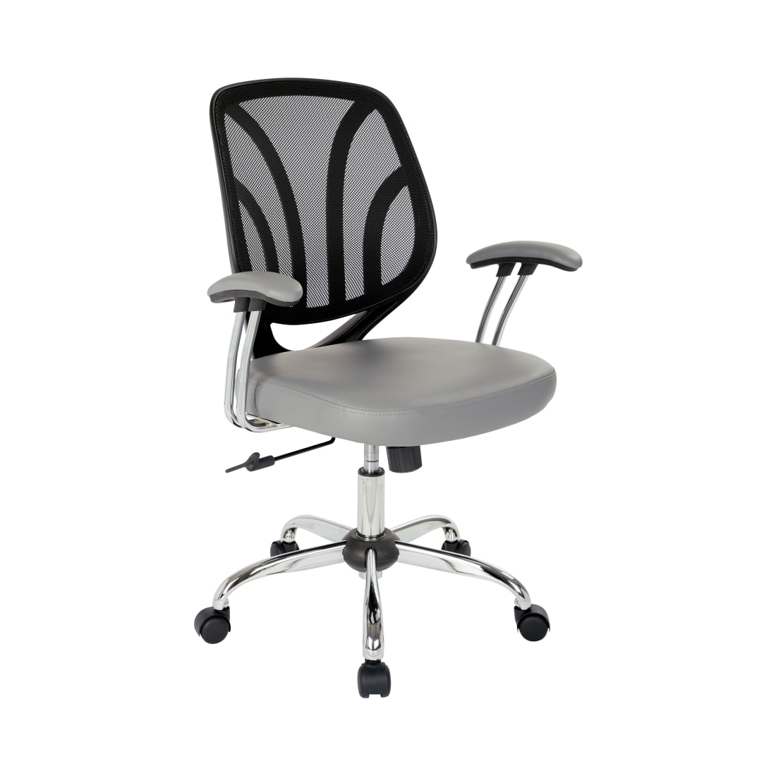 Screen Back Chair with Chrome Padded Arms and Dual Wheel Carpet Casters in Charcoal Faux Leather