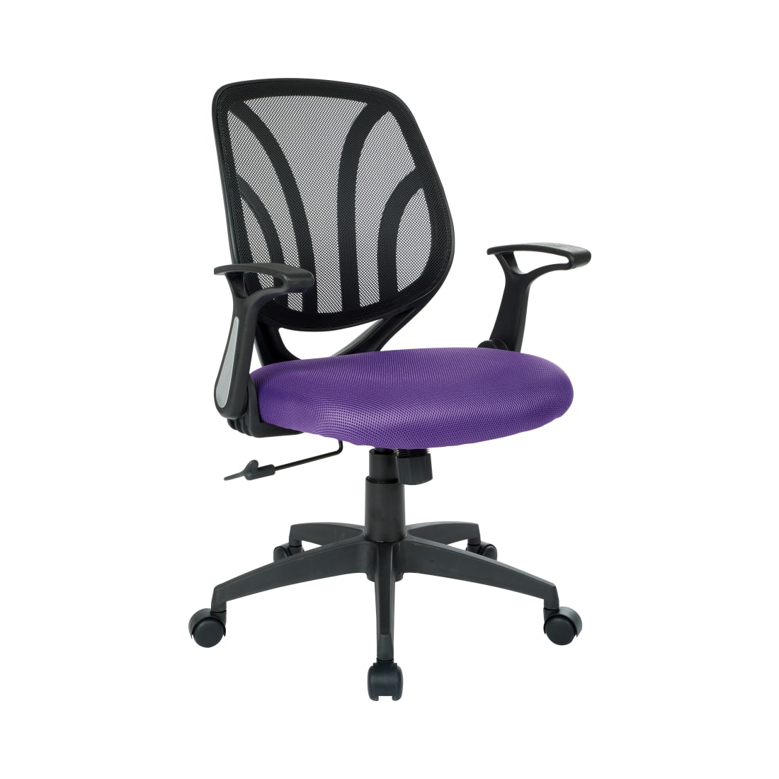 Screen Back Chair with Purple Mesh, Flip Arms, and Silver Accents