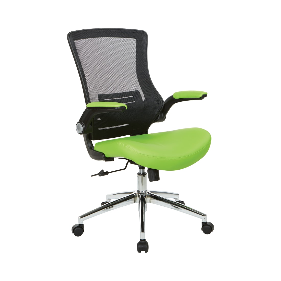 Black Screen Back Manager's Chair with Green Faux Leather Seat and Padded Flip Arms with Silver Accents
