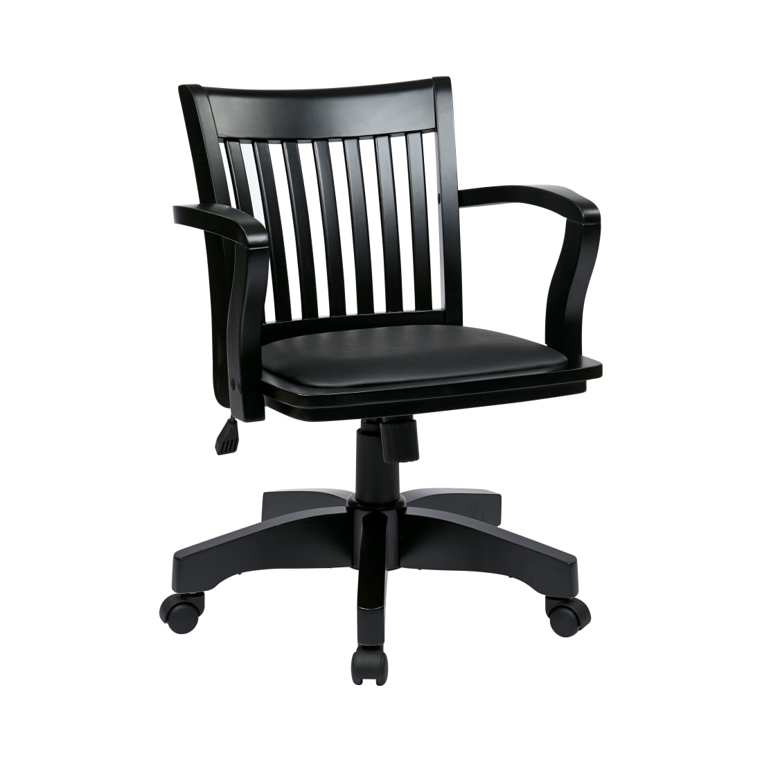 Deluxe Wood Bankers Chair with Vinyl Padded Seat in Black Finish and Black Vinyl Fabric