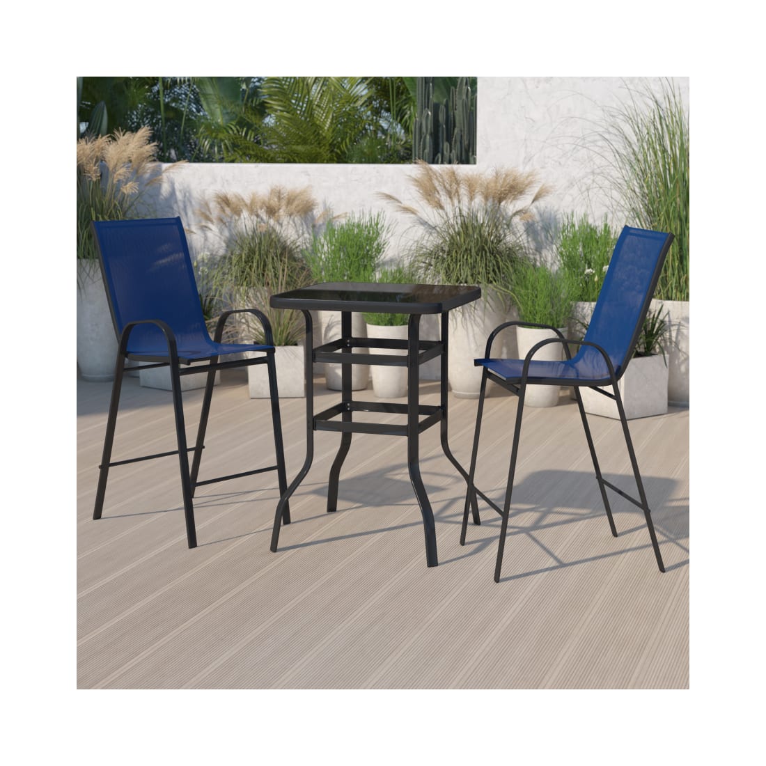 Outdoor Dining Set 2 Person Bistro Set Outdoor Glass Bar Table with Navy All Weather Patio Stools