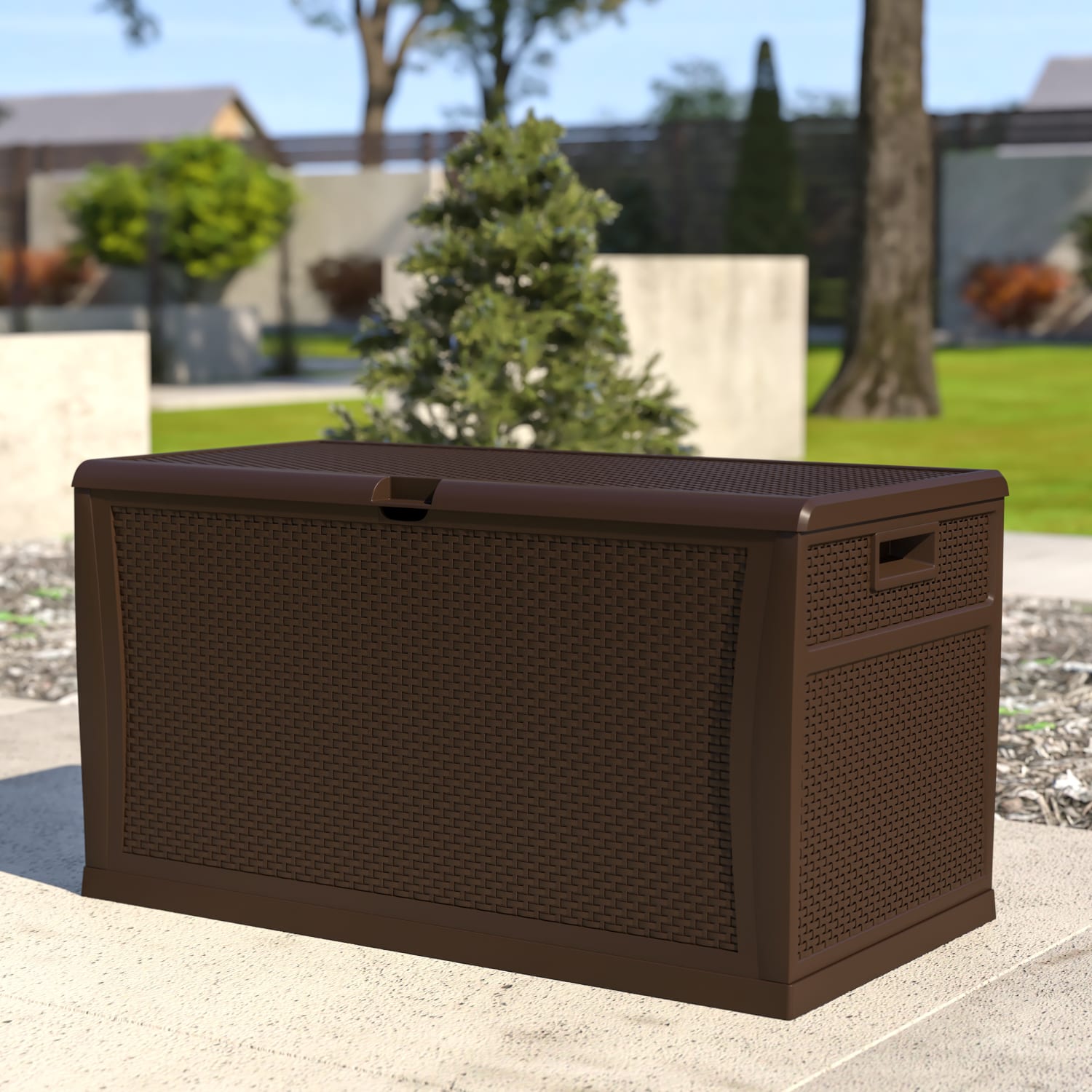 120 Gallon Plastic Deck Box - Outdoor Waterproof Storage Box for Patio Cushions, Garden Tools and Pool Toys, Brown - QTKTL4023BRNGG