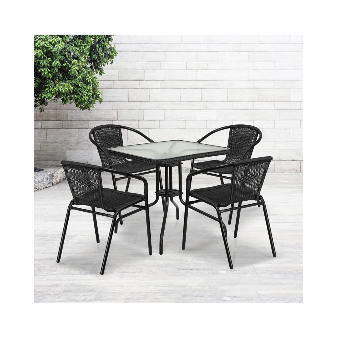 28” Square Glass Metal Table with Black Rattan Edging and 4 Black Rattan Stack Chairs