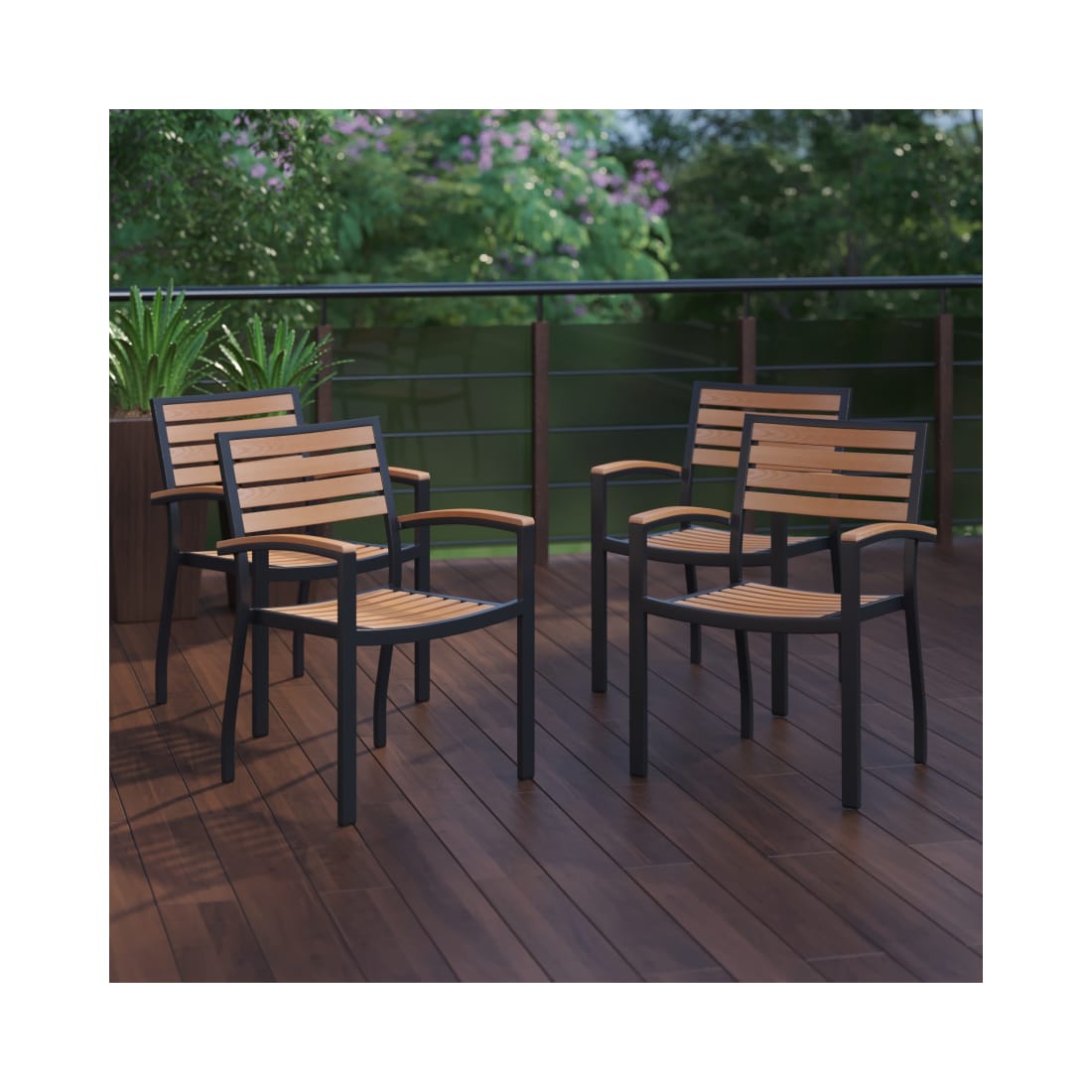 Outdoor Stackable Faux Teak Side Chair - Commercial Grade Black Aluminum Patio Chair with Synthetic Teak Slats - Set of 4