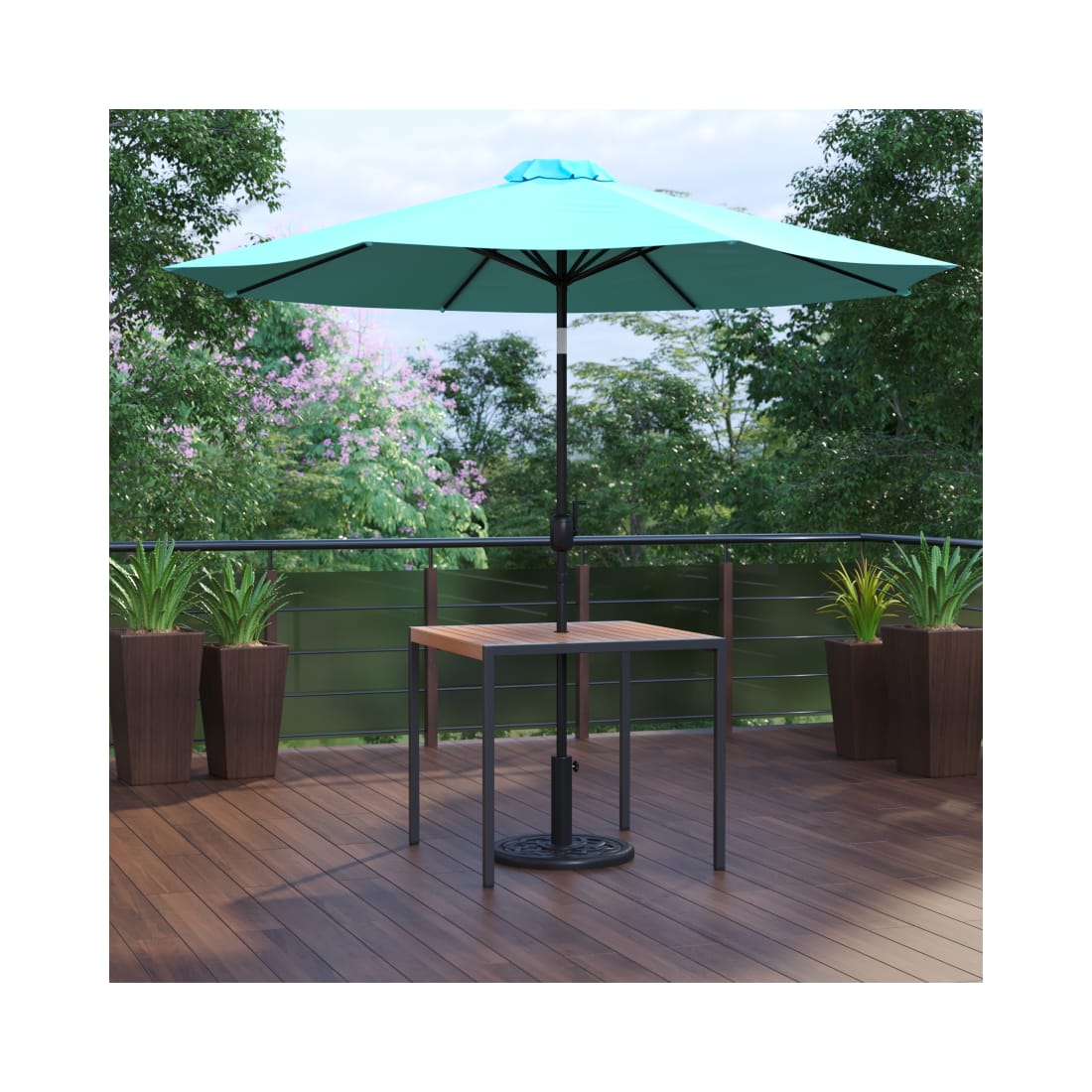 3 Piece Outdoor Patio Table Set 35” Square Synthetic Teak Patio Table with Teal Umbrella and Base