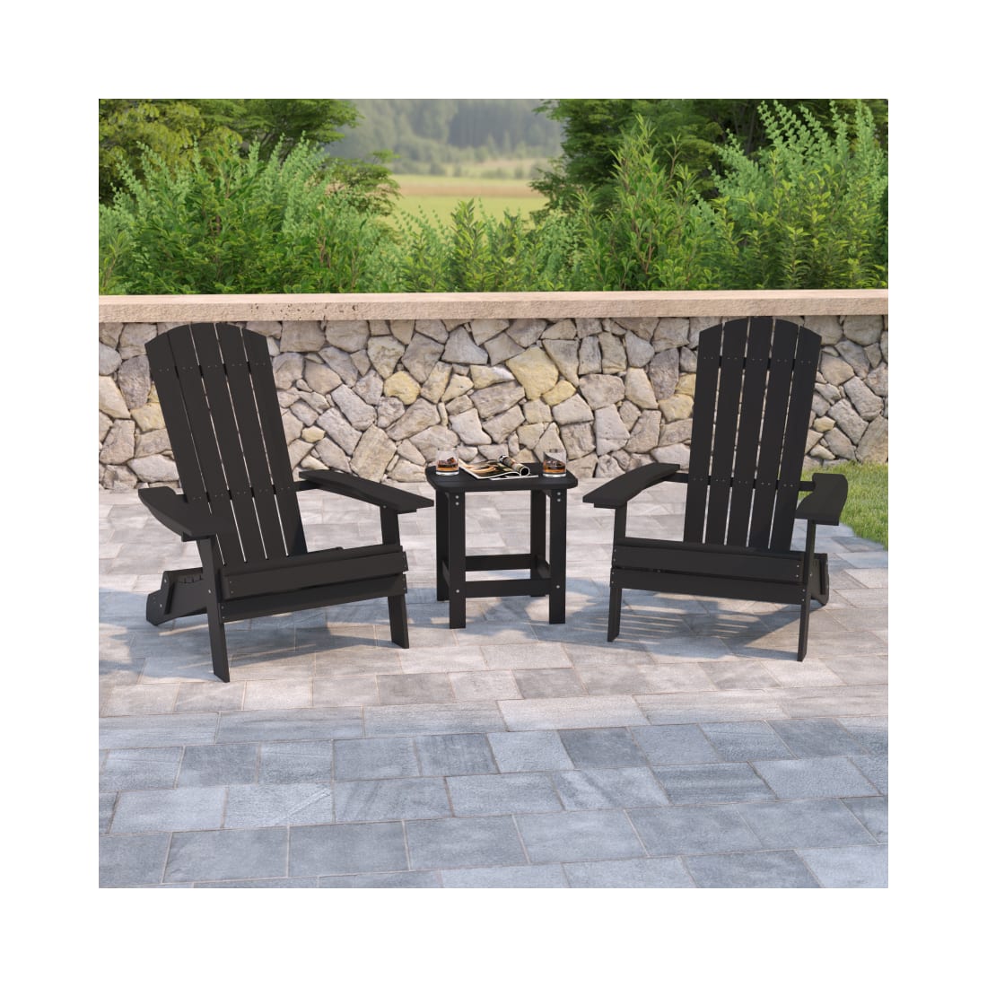 2 Pack Charlestown All Weather Poly Resin Folding Adirondack Chairs with Side Table in Black