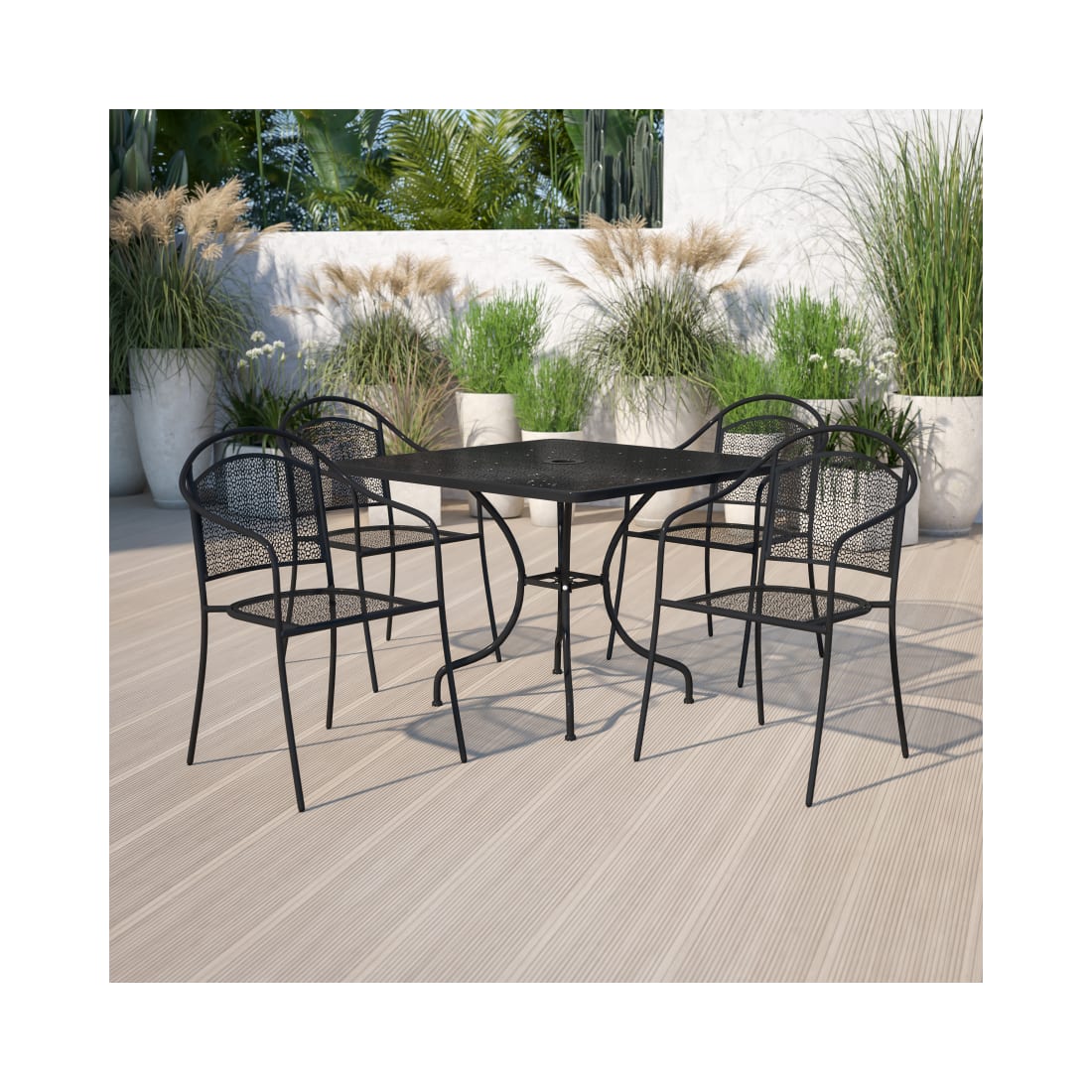 Commercial Grade 35.5” Square Black Indoor Outdoor Steel Patio Table Set with 4 Round Back Chairs