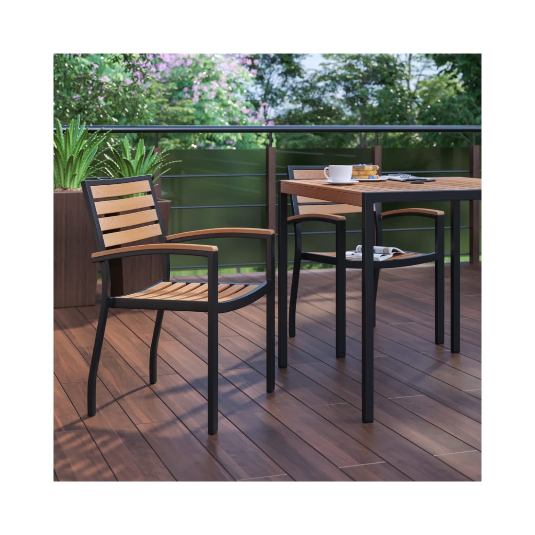 Outdoor Stackable Faux Teak Side Chair - Commercial Grade Black Aluminum Patio Chair with Synthetic Teak Slats - Set of 2 - 2XUDGHW6006GG