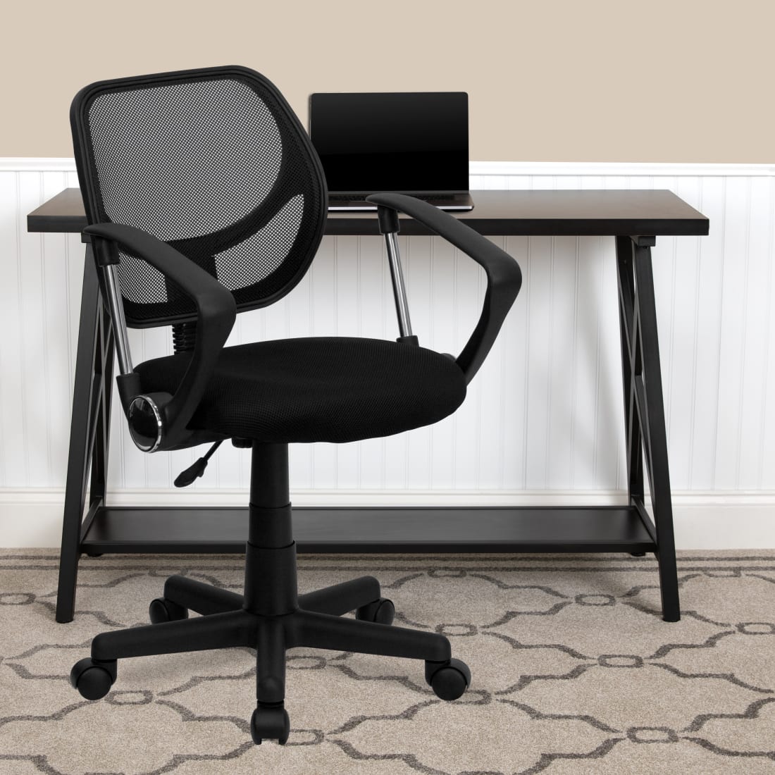Low Back Black Mesh Swivel Task Office Chair with Curved Square Back and Arms - WA3074BKAGG