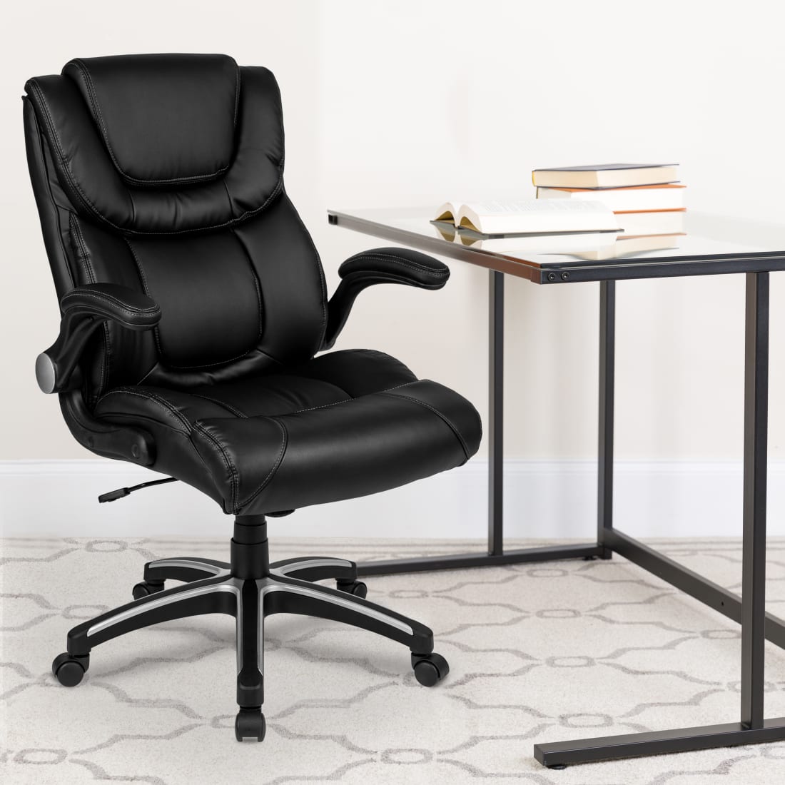 High Back Black LeatherSoft Executive Swivel Office Chair with Double Layered Headrest and Open Arms - BT9896HGG