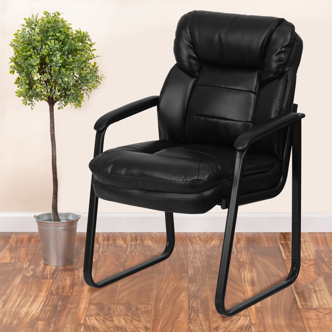 Black LeatherSoft Executive Side Reception Chair with Lumbar Support and Sled Base - GO1156BKLEAGG