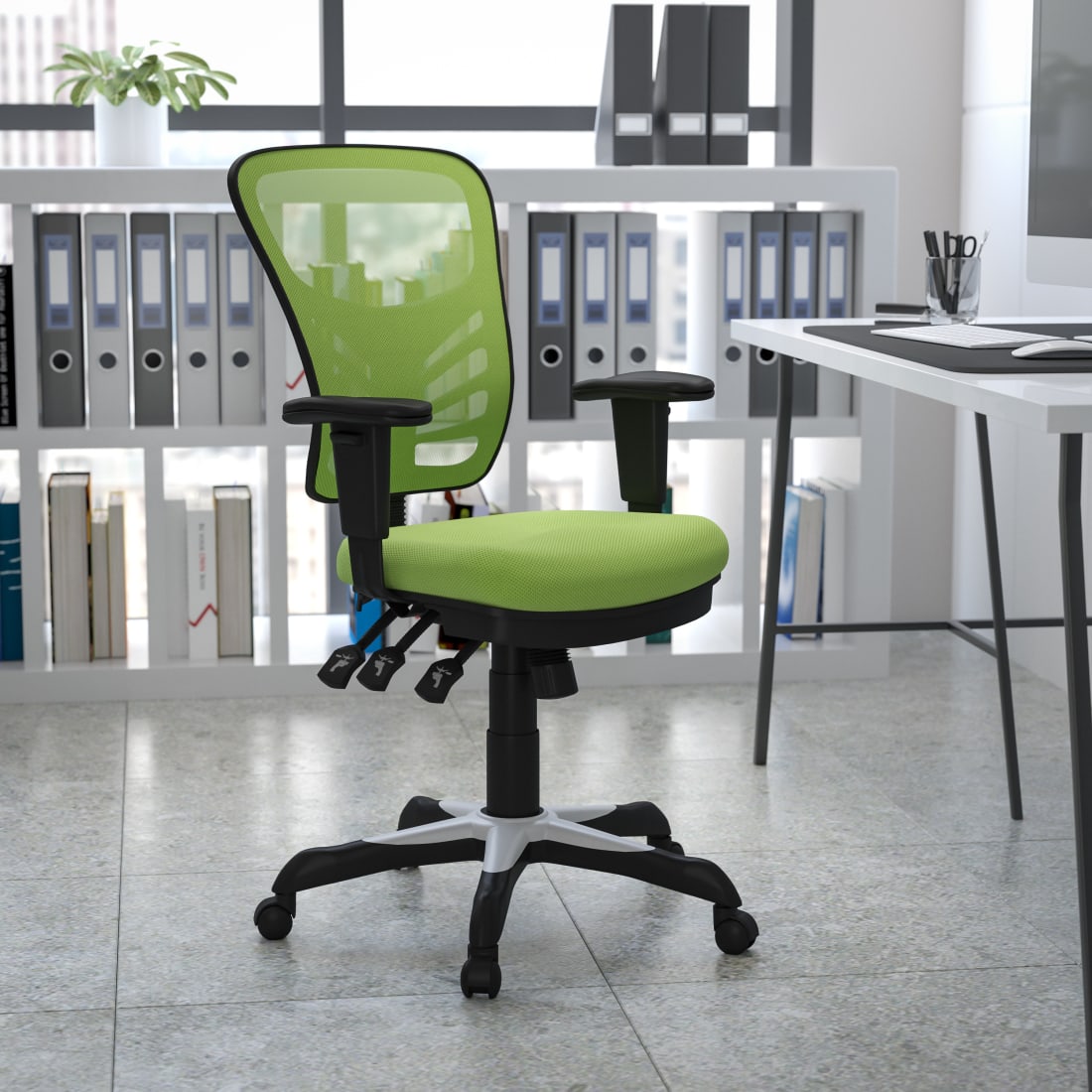 Mid-Back Green Mesh Multifunction Executive Swivel Ergonomic  Chair with Adjustable Arms