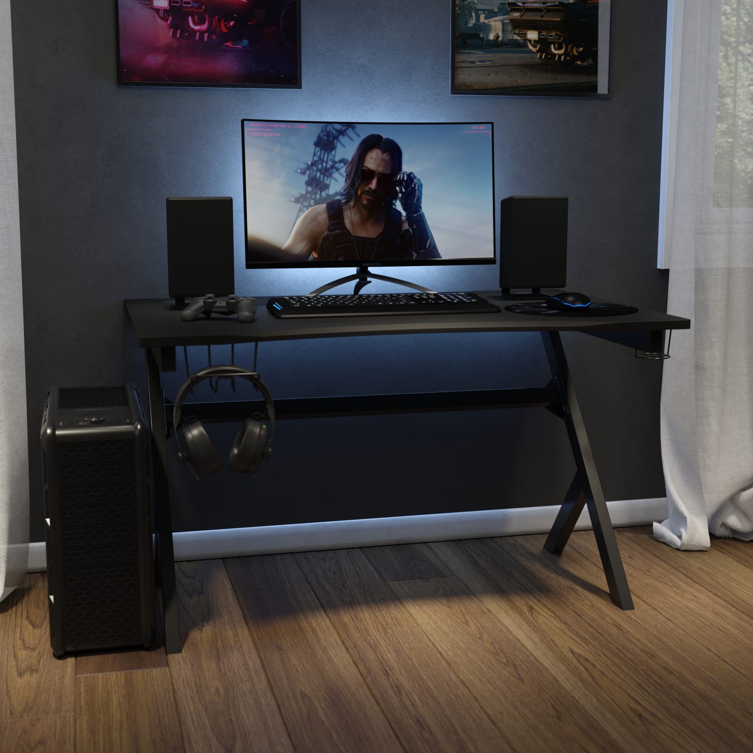 Gaming Desk 45.25” x 29” Computer Table Gamer Workstation with Headphone Holder and 2 Cable Management Holes - NANNJTGD1904GG