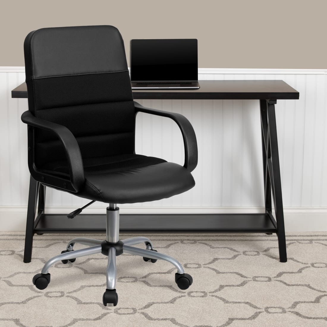 Mid-Back Black LeatherSoft and Mesh Swivel Task Office Chair with Arms - LFW61B2GG