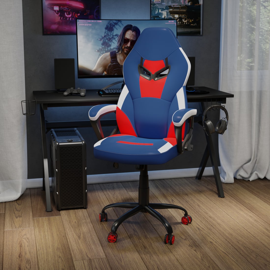 Ergonomic PC  Computer Chair - Adjustable Red & Blue Designer Gaming Chair - 360° Swivel - Red Dual Wheel Casters