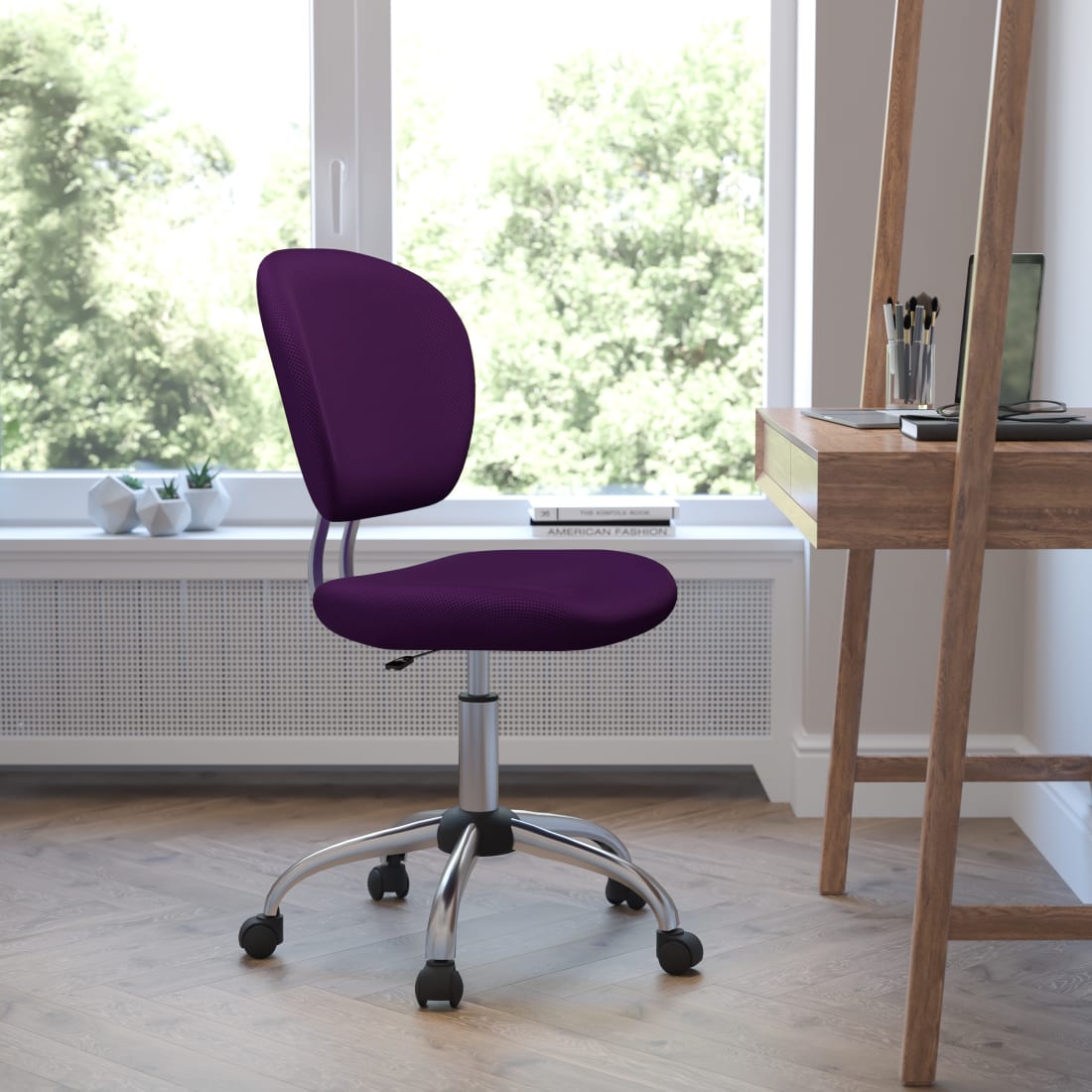 Mid-Back Purple Mesh Padded Swivel Task  Chair with Chrome Base