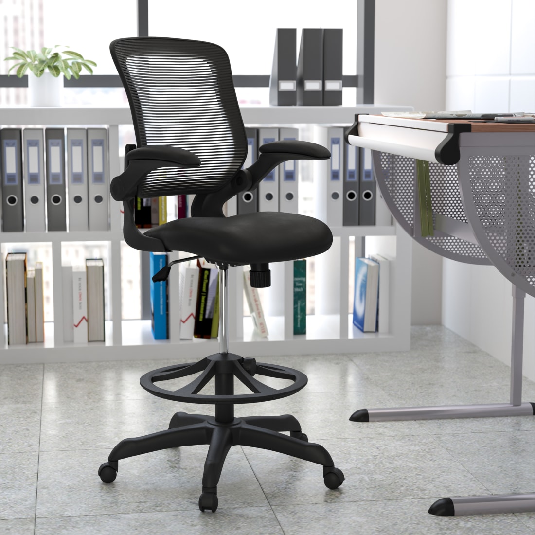 Mid-Back Black Mesh Ergonomic Drafting Chair with Adjustable Foot Ring and Flip-Up Arms - BLZP8805DBKGG