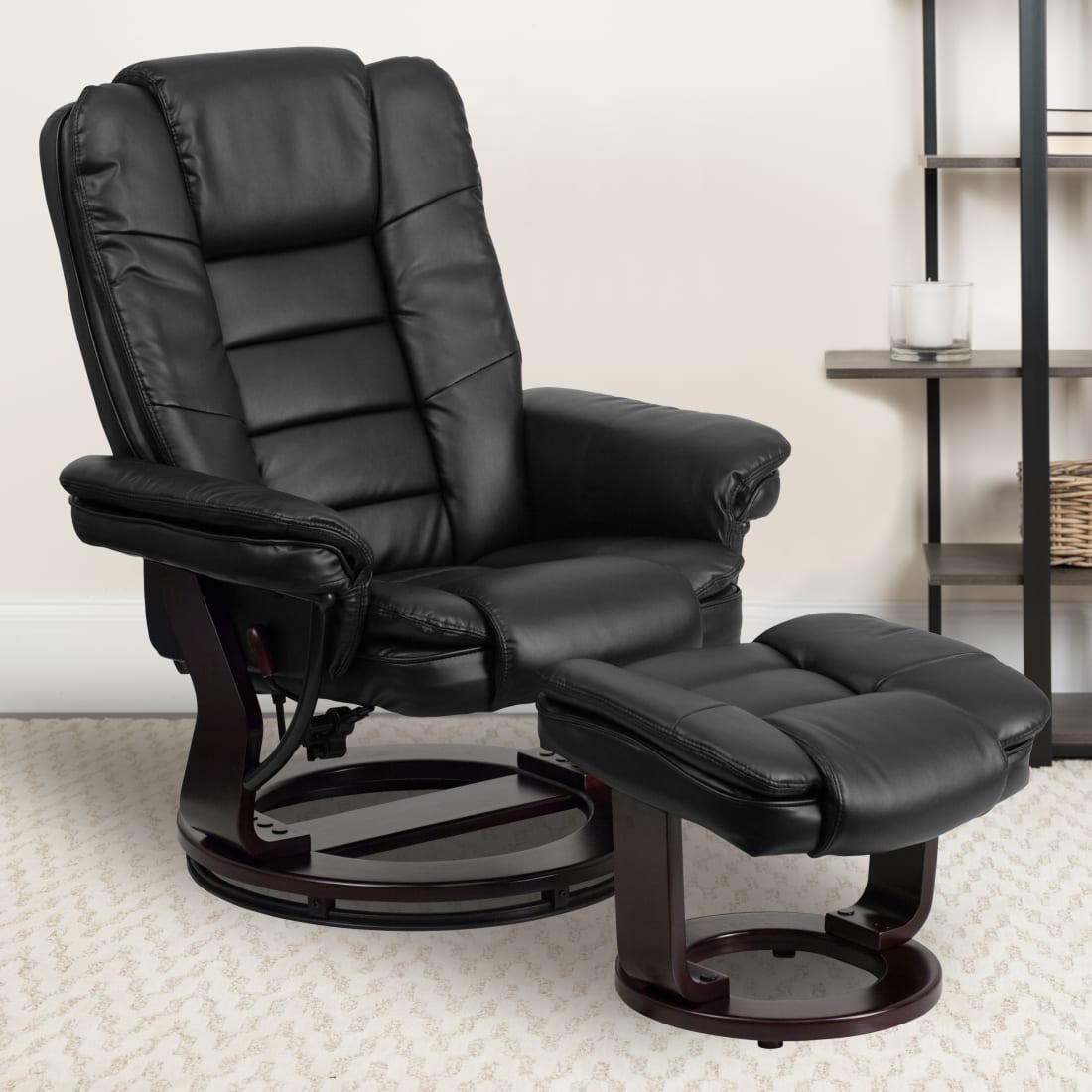 Contemporary Multi-Position Recliner with Horizontal Stitching and Ottoman with Swivel Mahogany Wood Base in Black LeatherSoft