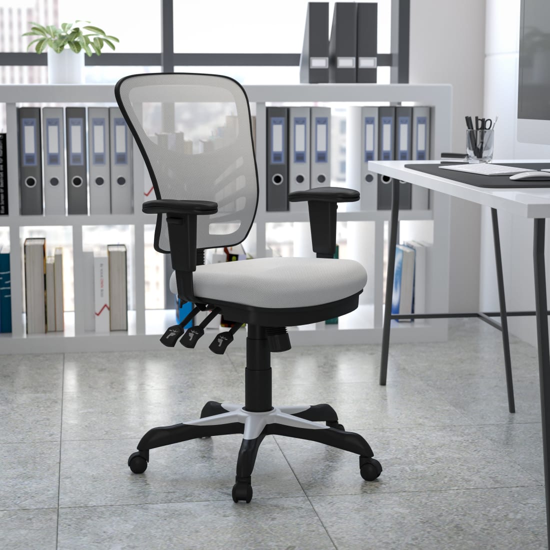 Mid-Back White Mesh Multifunction Executive Swivel Ergonomic  Chair with Adjustable Arms