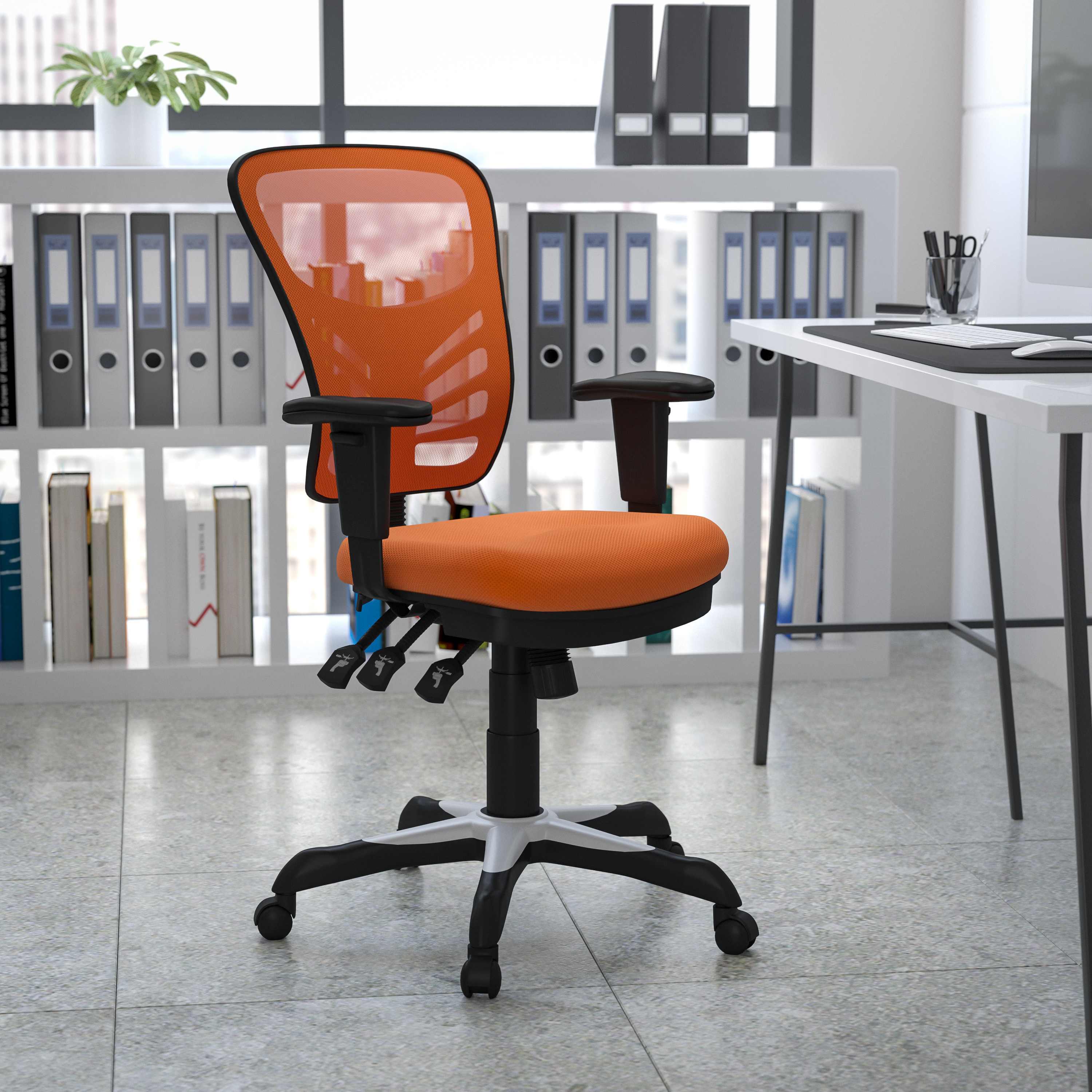 Mid-Back Orange Mesh Multifunction Executive Swivel Ergonomic  Chair with Adjustable Arms