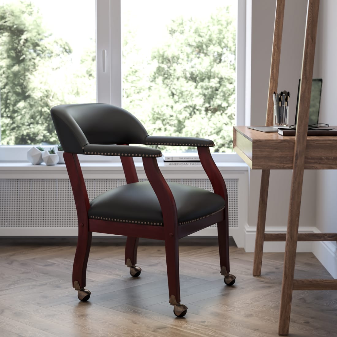 Black LeatherSoft Conference Chair with Accent Nail Trim and Casters - BZ100LF0005BKLEAGG