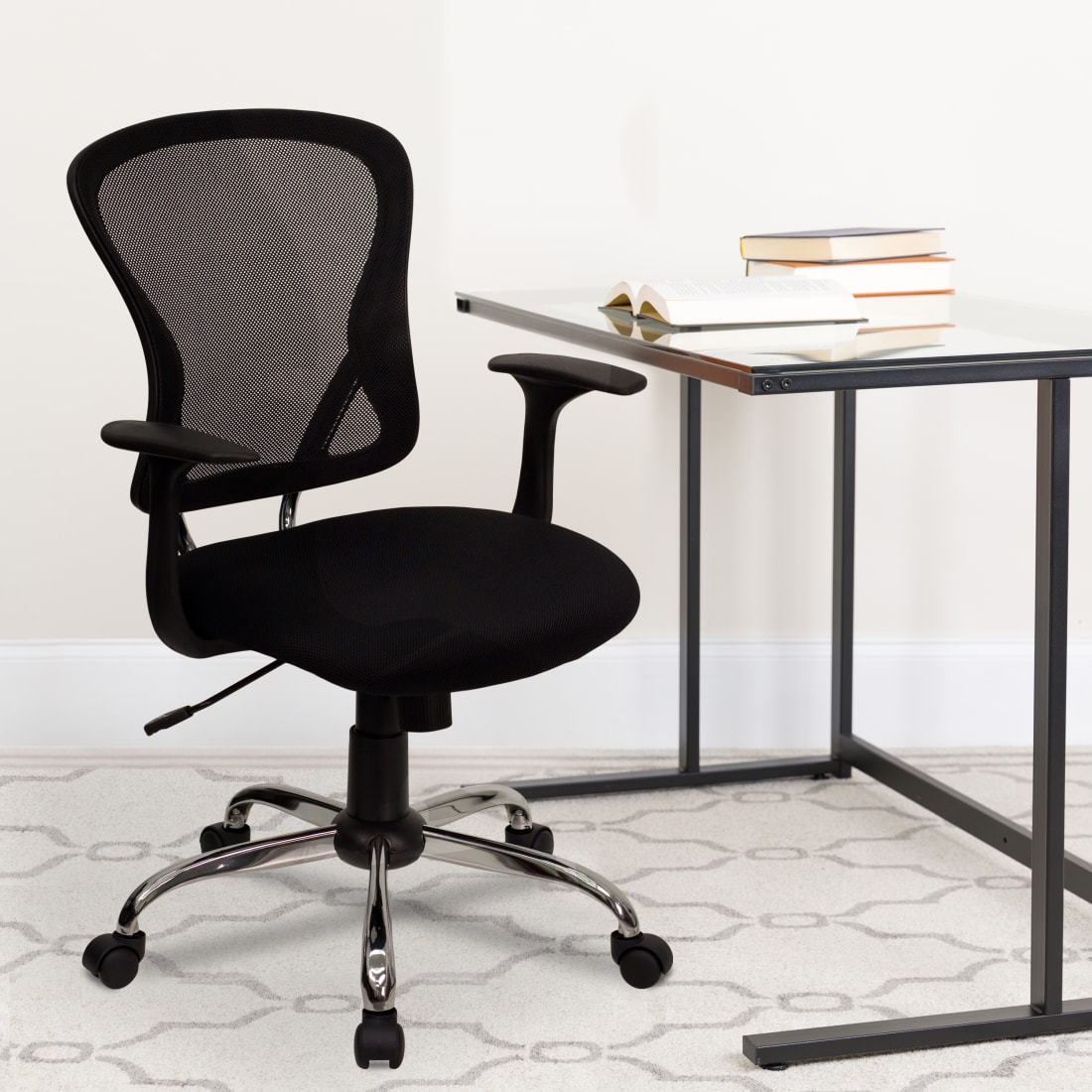 Mid-Back Black Mesh Swivel Task  Chair with Chrome Base and Arms