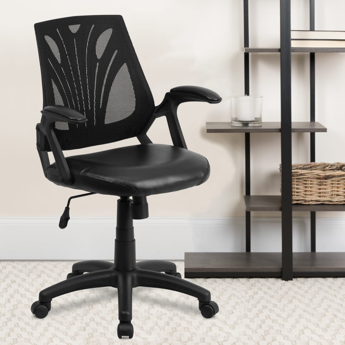 Mid-Back Designer Black Mesh Swivel Task Office Chair with LeatherSoft Seat and Open Arms - GOWY82LEAGG