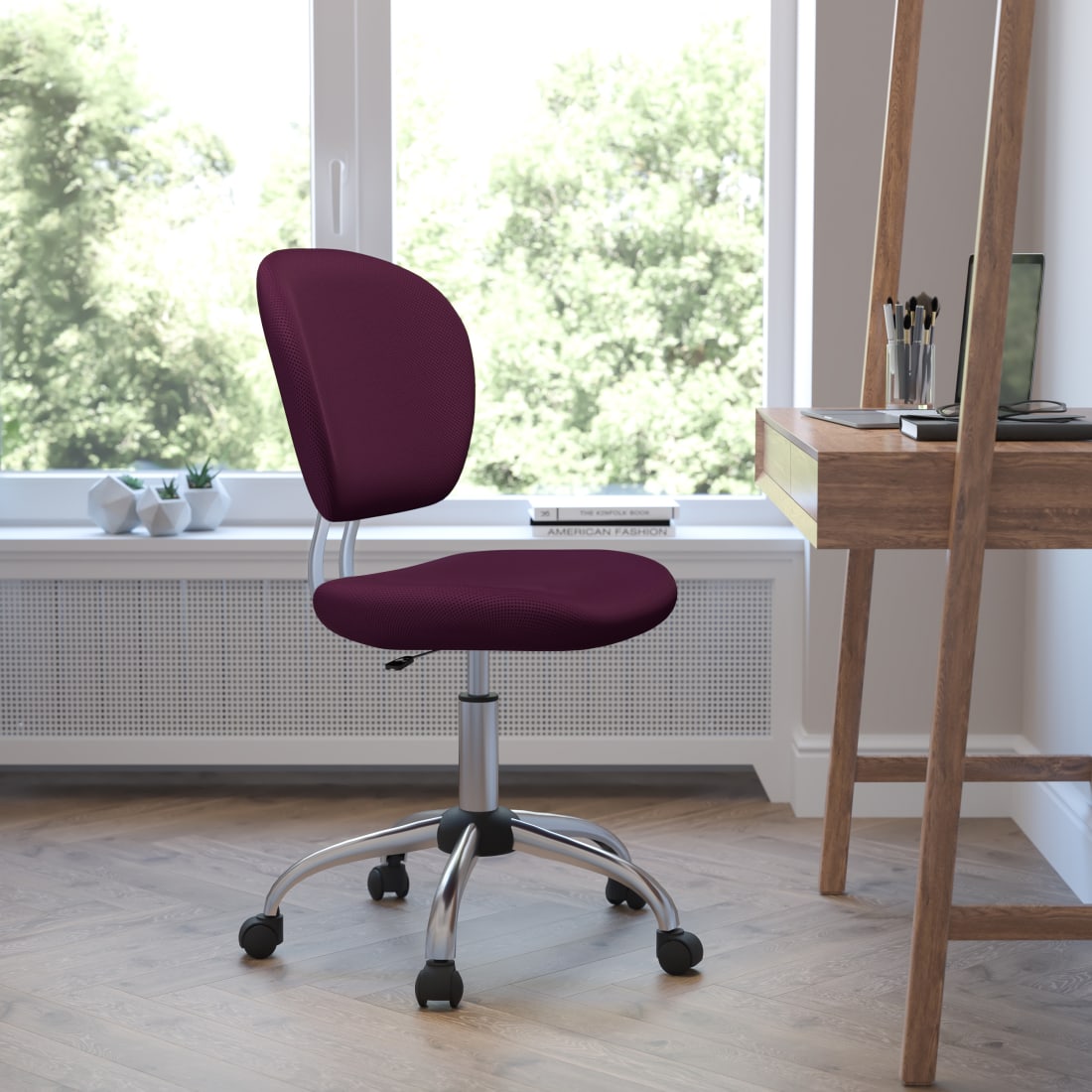 Mid-Back Burgundy Mesh Padded Swivel Task  Chair with Chrome Base