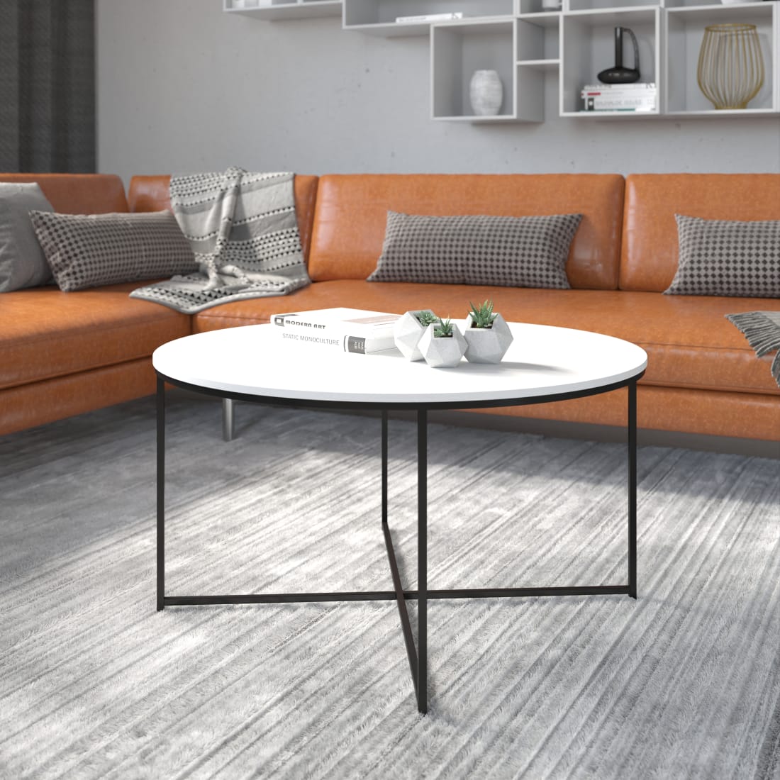 Hampstead Coffee Table - Modern White Finish Accent Table with Crisscross Matte Black Frame