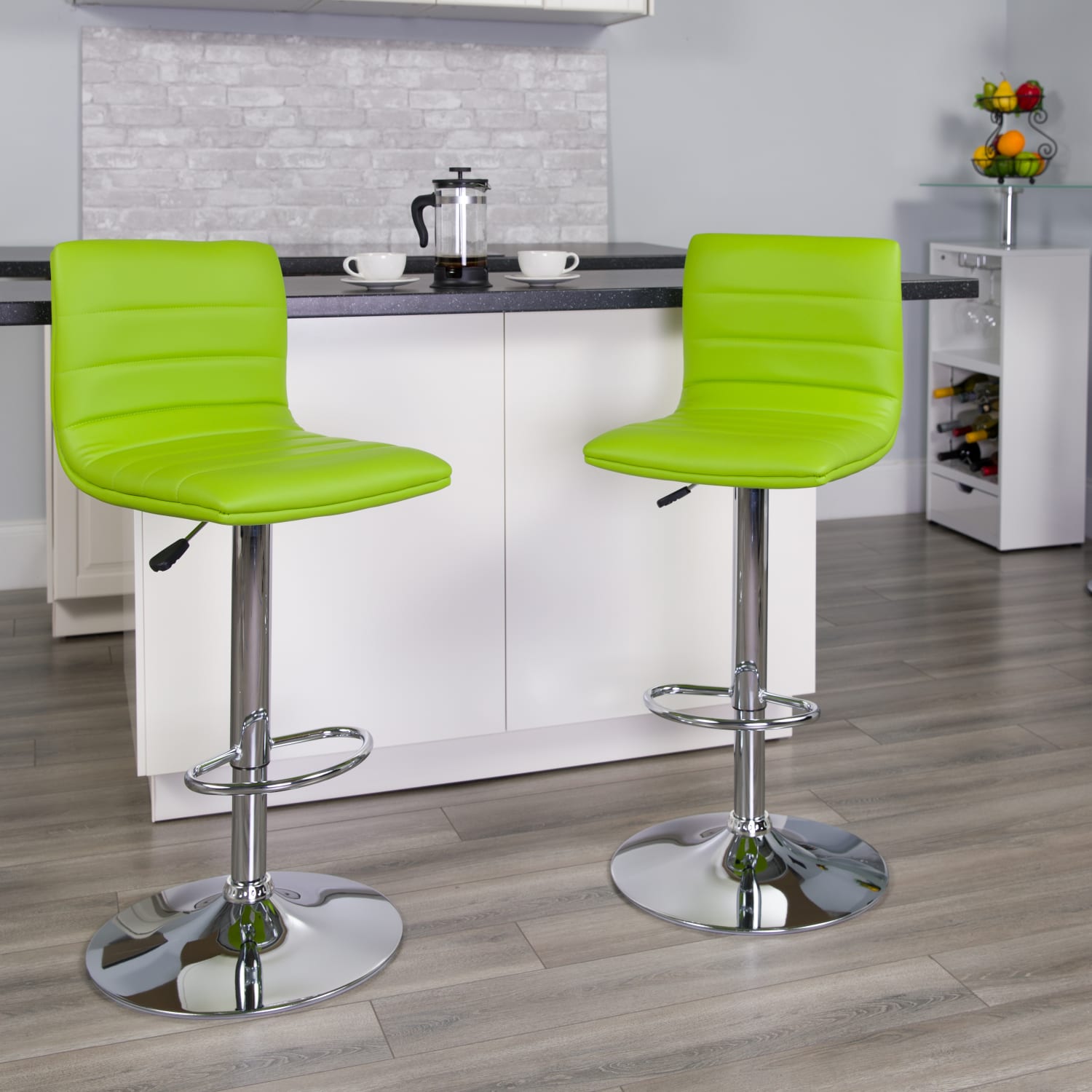 2 Pack Modern Green Vinyl Adjustable Bar Stool with Back, Counter Height Swivel Stool with Chrome Pedestal Base