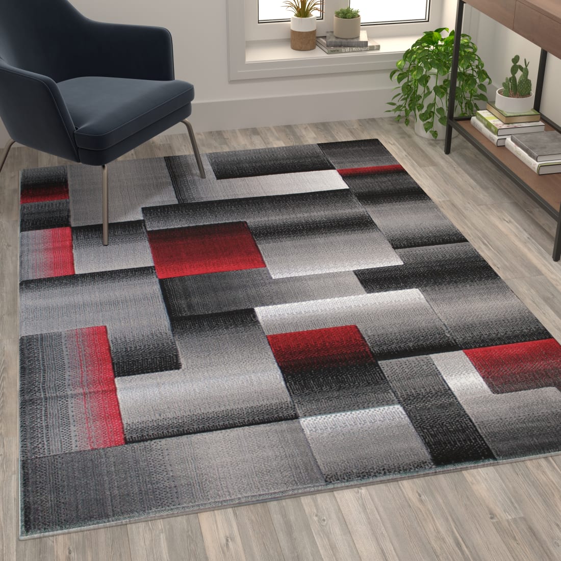 Elio Collection 5' x 7' Red Color Blocked Area Rug - Olefin Rug with Jute Backing