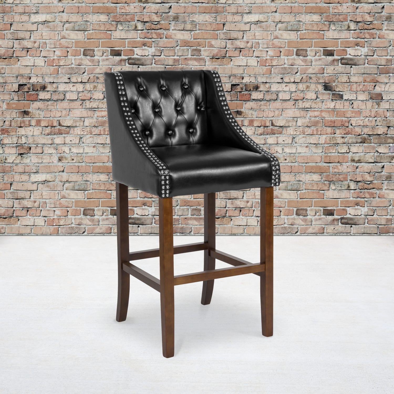 Carmel Series 30” High Transitional Tufted Walnut Barstool with Accent Nail Trim in Black LeatherSoft