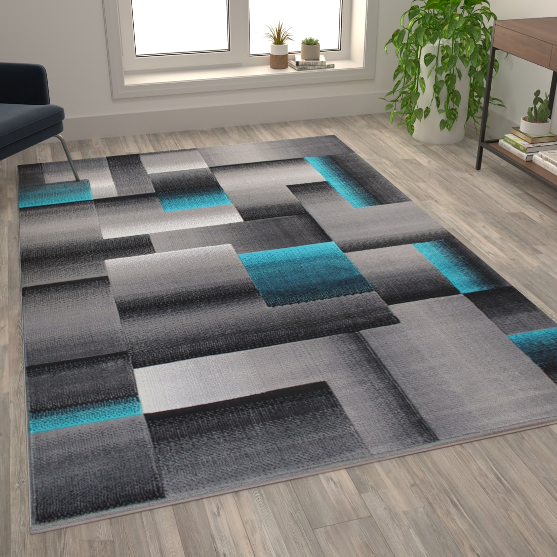 Elio Collection 6' x 9' Turquoise Color Blocked Area Rug - Olefin Rug with Jute Backing