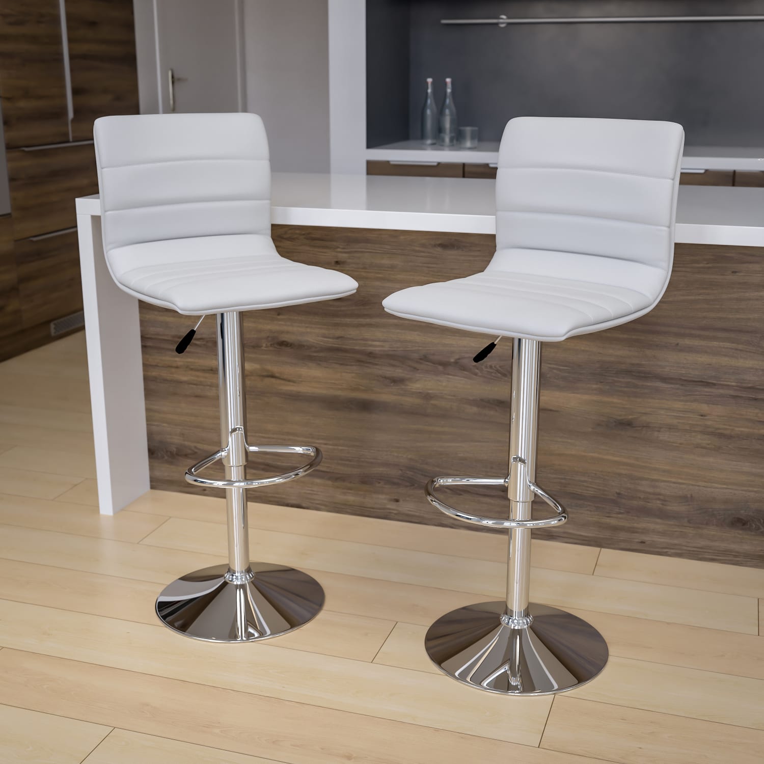 2 Pack Modern White Vinyl Adjustable Bar Stool with Back, Counter Height Swivel Stool with Chrome Pedestal Base